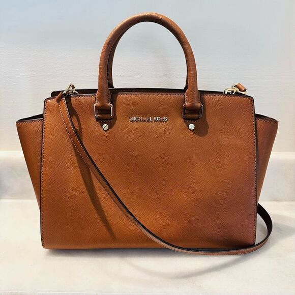 Michael Kors Womens Handbag Brown Cognac Saffiano Leather Large Selma Tote Bag P - Picture 1 of 6